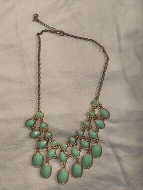 Teal Faceted Cabochon Statement Bib Necklace Antiqued Brass Tone Boho